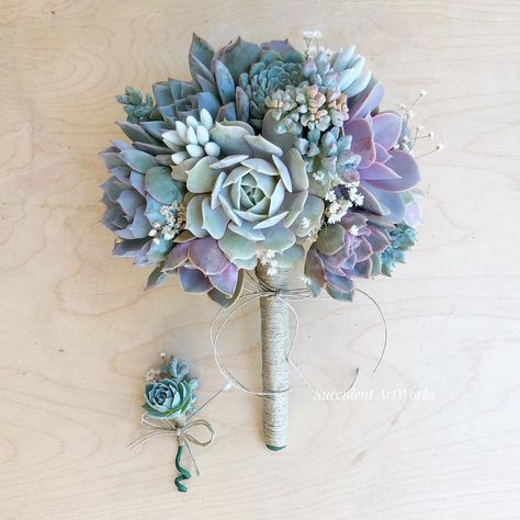 Succulent Gifts • Weddings on Instagram: “You’re kinda, sorta, basically, pretty much, always on my mind... bouquet and boutonnière in pastel succulents, shipped with best wishes to…” Teal Wedding Theme, Succulent Wedding Bouquet, Succulent Bouquet Wedding, Bridesmaid Satin, Succulent Bouquet, Hemp Twine, Teal Wedding, Succulent Gifts, Succulent Wedding