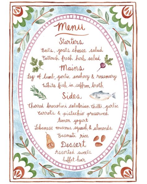 Hand painted wedding menu. Simple and elegant with a few illustrations in between and hand painted cursive text. All in watercolours. #weddingmenu #customweddingmenu #customweddinginvitations #weddingstationary #customweddingstationery #handpaintedweddinginvitations Menu Watercolor, Fresh Herb Salad, Watercolor Menu, Cursive Text, Rice Desserts, Menu Simple, Lemon Yogurt, Herb Salad, Preserved Lemons