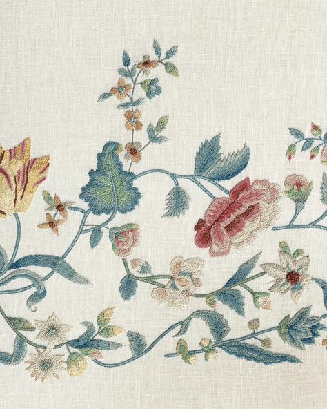 Chelsea Textiles is proud to introduce its newest design, Arcadia. Available as a vine or a sprig with matching border. Taken from an 18th Century English original, Arcadia is an exquisite example of embroidery from this era depicting flora and folia in remarkable detail. #chelseatextiles #arcadia #chelseatextileshandembroidery #handembroidery #ethicallymade #textiles English Embroidery, Chelsea Textiles, Textile Print, Print Inspiration, Textile Prints, News Design, 18th Century, Hand Embroidered, Hand Embroidery