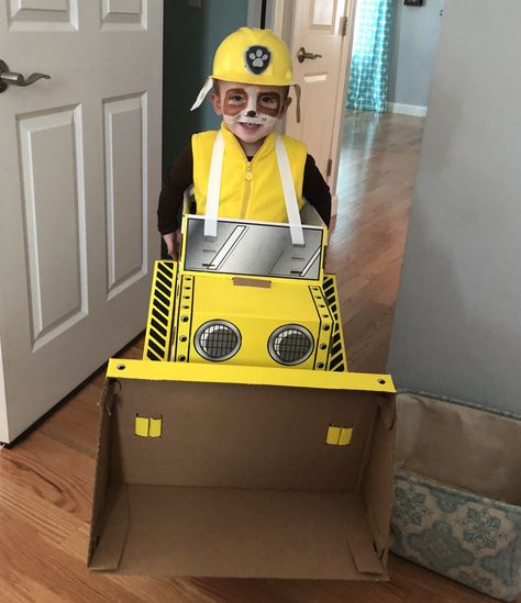 DIY Paw Patrol Rubble Costume Rocky Paw Patrol Costume, Rubble Paw Patrol Costume, Rubble Costume, Paw Patrol Halloween Costume, Diy Paw Patrol, Kids Book Character Costumes, Diy Superhero Costume, Family Themed Halloween Costumes, Paw Patrol Costume