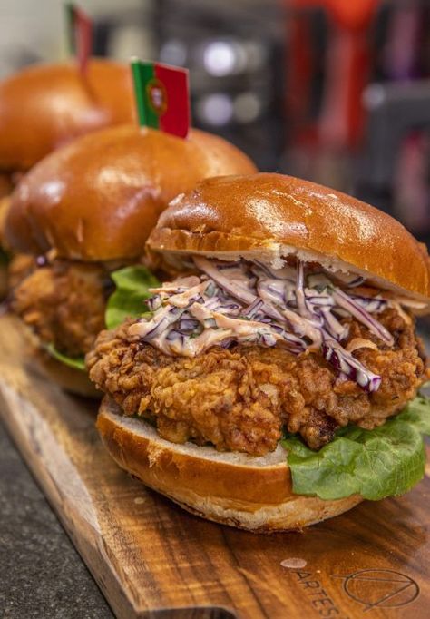 Buttermilk Peri-Peri Chicken Burger with Zesty Slaw - Ainsley Harriott Peri Peri Chicken Burger, Tiffany Derry Recipes, Ainsley Harriot, Buttermilk Chicken Burger, Crunchy Stuffing, Baked Scalloped Potatoes, Roasted Vegetable Couscous, Coleslaw Sandwich, James Martin Recipes