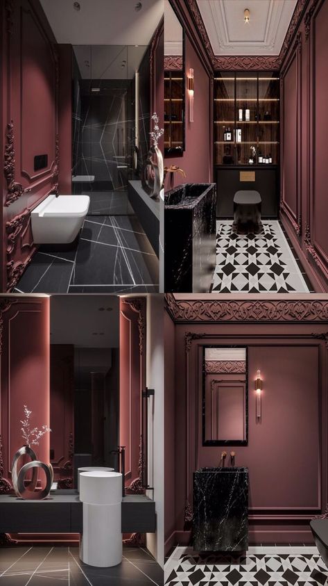 Dark Maroon Bathroom, Burgundy Toilet Room, Burgundy Bathroom Ideas, Wall Ideas Bathroom, Wine Bathroom, Maroon Bathroom, Bathroom Accent Wall Ideas, Bathroom Accessories Ideas, Burgundy Bathroom