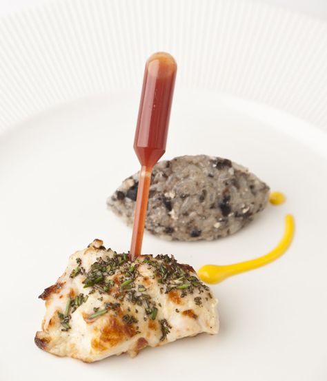 This exciting chicken tikka dish is served with a pipette full of chilli sauce, so you can perfectly control the flavours and impress guests - Vineet Bhatia Chicken Tikka Recipe, Tikka Recipe, Great British Chefs, Olive Relish, Rosemary Chicken, Black Olives, Food Stations, Indian Dessert Recipes, Pipettes