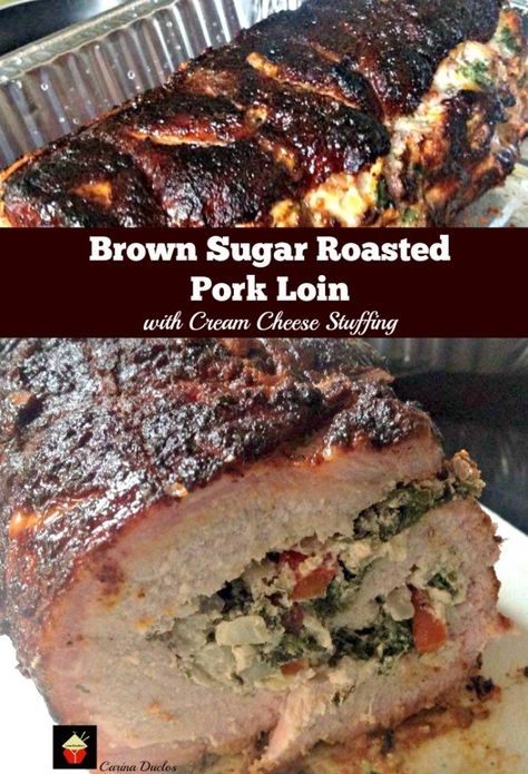 Brown Sugar Roasted Pork Loin with Cream Cheese Stuffing Stuffed Pork Tenderloin Recipes, Pork Lion Recipes, Pork Loin Stuffed, Tender Pork Loin, Pork Loin Recipes Oven, Roasted Pork Loin, Cream Cheese Spinach, Stuffed Pork, Pork Loin Recipes