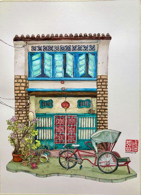 Penang Illustration, Facade Drawing, Chinese Homes, Houses Painting, Cny 2024, Shop Houses, English Project, Heritage Building, Watercolor Scenery