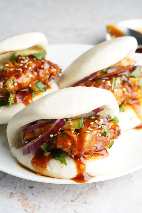 Air Fryer Korean Fried Chicken Bao - Air Fry Anytime Korean Fried Chicken Bao, Korean Chicken Bao, Spicy Korean Sauce, Korean Sauce, Steamed Bao, Chicken Batter, Unique Sauces, Chicken Snacks, Korean Chicken