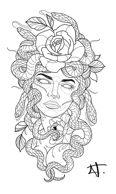 Background Ideas For Tattoos Sleeve, Black Medusa Tattoo Stencil, Madusa Sleeve Tattoos For Black Women, Medusa Tattoo Stencil Outline, Medusa With Flowers Tattoo, Medusa Tattoo Color, Dessin Medusa Tattoo, Medusa Art Drawing, Medusa Tattoo Outline