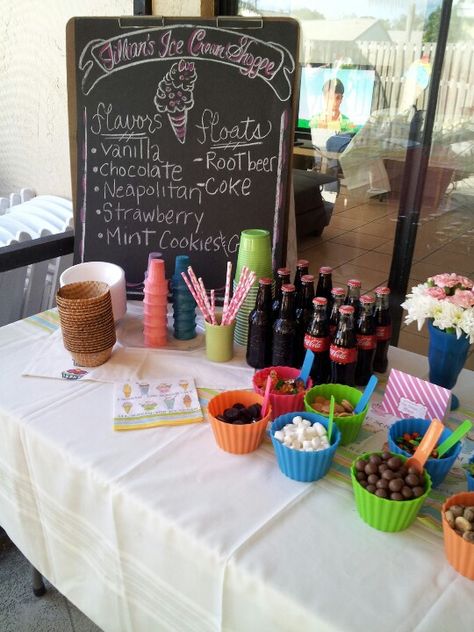 ice cream social birthday party theme. ice cream candy table Social Table, Ice Cream Social Birthday Party, Party Themes For Girls, Ice Cream Sundae Party, Ice Cream Social Party, Sundae Party, Ice Party, Ice Cream Sundae Bar, 1950s Party