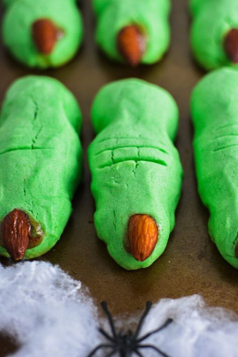 Witch Finger Cookies | A Taste of Madness Halloween Finger Cookies, Witch Finger Cookies, Finger Cookies, Witches Fingers, Strawberry Almond, Spooky Witch, Blanched Almonds, Butter Frosting, Green Food Coloring