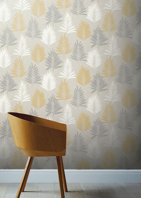 Arthouse Linen Palm Grey & Yellow Wallpaper (10.05m x 53cm) – – Matalan Satin Wallpaper, Room Wallpaper Designs, Modern Backdrop, Hall Wallpaper, Feature Wall Living Room, Palm Wallpaper, Ochre Yellow, Neutral Background, Embossed Wallpaper