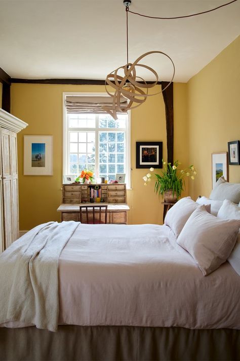 A bedroom makeover from a white to a yellow colour palette. Farrow Ball Bedroom, Farrow And Ball Bedroom, Country Bedroom Design, Country House Bedroom, Wimborne White, Son Bedroom, House Bedrooms, House Bedroom, Farrow And Ball