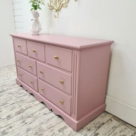 What a difference a splash of colour and change if handles make. We were specifically asked to source a large chest of drawers no higher than 76 cm; so our customer can get it up the stairs. This is for their little girl's room, so she can grow with it for many years until she gets sick of pink 😆. Seriously, we think she will cherish it for years to come. What do you think? ○ ○ ○ #pinkfurniture #multidrawer #goldheart #furnituretransformation #FurnitureRevival #furniturerefinishing #fu... Pink Drawers, Restored Furniture, Pink Dresser, Large Chest Of Drawers, Drawer Bedroom, Pink Furniture, Furniture Restoration, Refinishing Furniture, Girl's Room