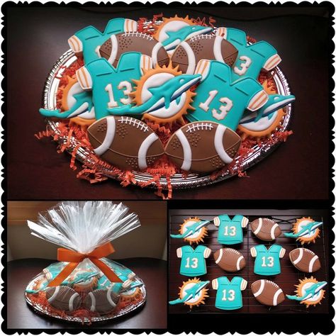 Miami Dolphins Logo Dan Marino Jersey Football Cookie Platter Dolphins Birthday Party, Miami Dolphins Party, Miami Dolphins Cake, Dolphins Cake, Cookie Flooding, Sport Cookies, Dolphin Birthday Parties, Football Athlete, Helmet Cake