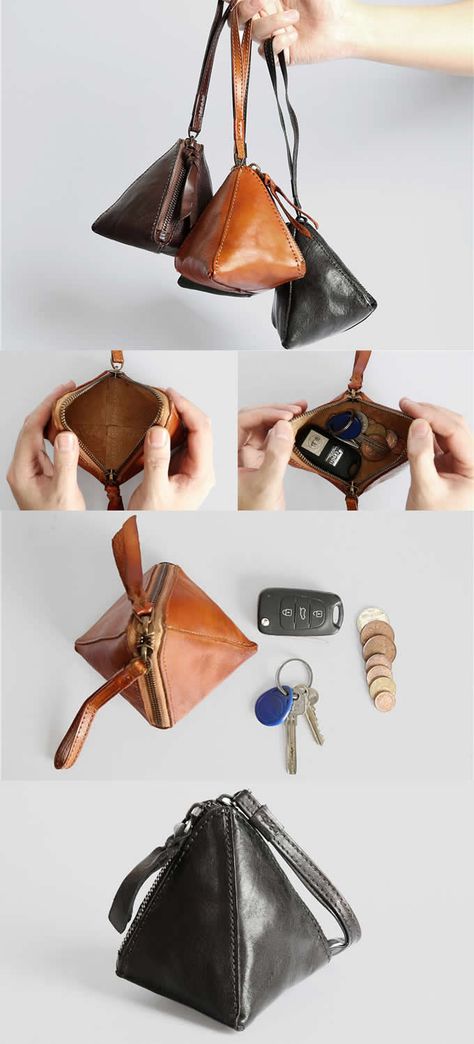 Handmade Genuine Leather Earphone Storage Bag Wallet Key Coin Purse Card Holder Coin Triangle  Bag Key Holder Pouch Bag Car Key Holder Case for Men Women Triangle Key Fob Pouch Pattern, Key Holder Leather Handmade, Key Case Holder, Accessories Design Portfolio, Belt Key Holder, Leather Fob, Key Purse, Car Key Holder, Triangle Bag