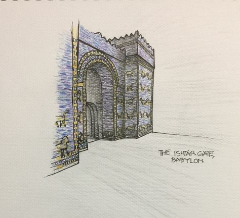 The Ishtar gate Ishtar Gate Architecture Drawing, Ishtar Gate Sketch, Ishtar Gate Drawing, Babylon Drawing, Ishtar Gate, Gate Of Babylon, Architecture Portfolio Design, Architecture Concept, Architecture Drawing Art