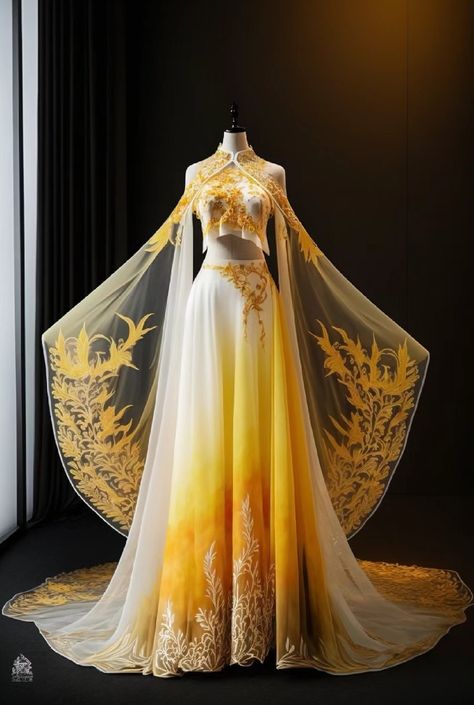 Sun Themed Dresses, Sun Themed Ball Gown, Sun Themed Fantasy Dress, Sun Queen Dress, Yellow Goddess Dress, White And Yellow Wedding Dress, Fire Goddess Dress, Phoenix Dress Gowns, Sun Themed Dress