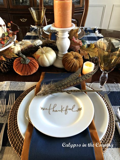 Fall Coffee Table Decor Ideas (Easy and Stylish) - Calypso in the Country Thankgiven Table Decoration Ideas, Thanksgiving Table Settings Navy Blue, Navy And Orange Table Setting, Navy Orange Fall Decor, Navy And Orange Thanksgiving Table, Navy And Orange Dining Room, Teal Thanksgiving Table Decor, Blue And Orange Thanksgiving Tablescape, Navy Blue Thanksgiving Table