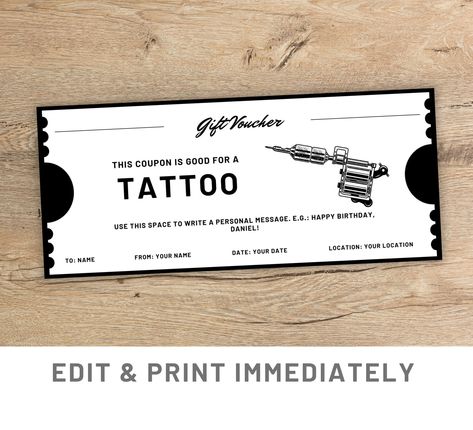 Tattoo Voucher Template, Tattoo Voucher, Template Tattoo, Printable Vouchers, Printable Tattoos, Computer Font, Gift Coupon, Gift Card Template, Diy Gift Card