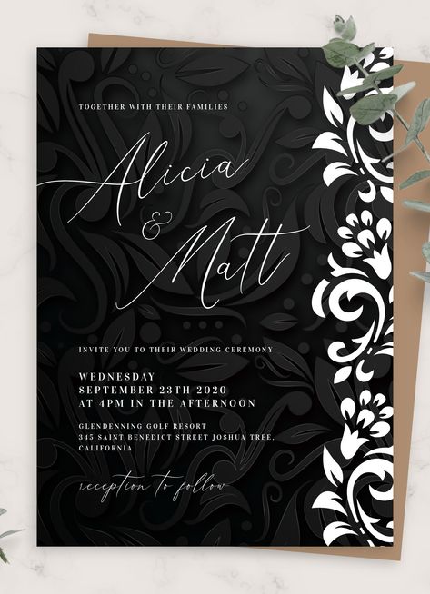 Black wedding invitation template with white floral ornament at the right side and 3D imitation background. Enjoy unique font and custom design for your wedding invitations. Wedding Invitation Pdf, Non Traditional Wedding Ring, Wedding Invitations With Pictures, Wedding Invitation Background, Silver Wedding Invitations, Black And White Wedding Invitations, Formal Design, White Wedding Invitations, Black Wedding Invitations