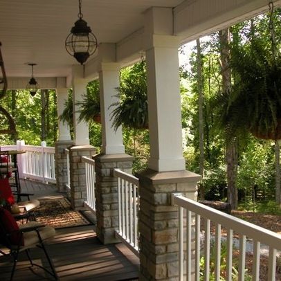 front deck posts with stone | Eclectic Home porch + columns Design Ideas, Pictures, Remodel and ... Front Porch Stone, Front Porch Remodel, Veranda Design, Front Porch Columns, Porch Remodel, Building A Porch, Porch Columns, Porch Posts, Deck Posts