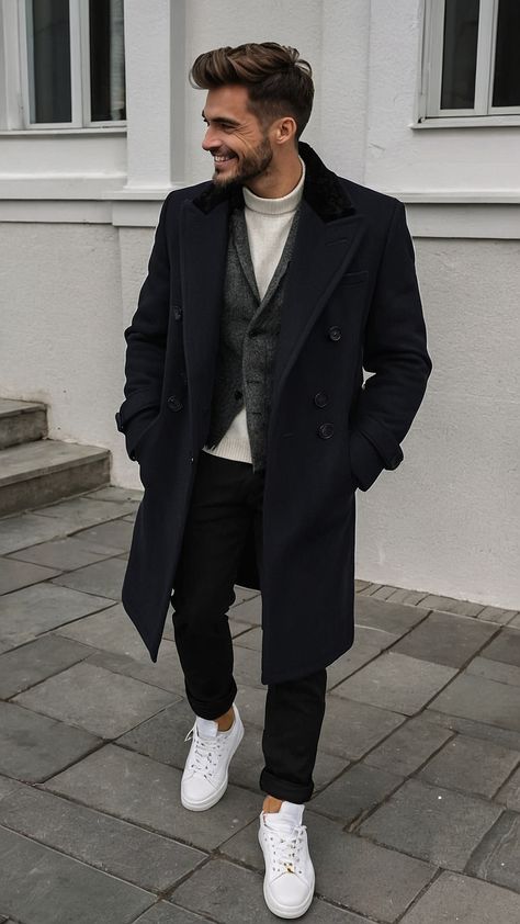 Men Winter Work Outfit, Winter Outfits Men Trench Coat, Mens Black Overcoat Outfit, Men Paris Outfit Winter, London Winter Outfits Men, Black Coat Outfit Winter, Long Black Coat Outfit, Paris Winter Outfit, Men Trench Coat