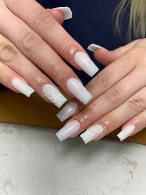 Hailey Bieber Nails With Rhinestones, Milky White Nails With Snowflakes, White Winter Nails Acrylic, Wintry Nails, Snowflake Nails Acrylic, Xmas Nails Simple, Acrylic Nail Designs For Winter, Basic Winter Nails, Acrylic Nail Designs Winter