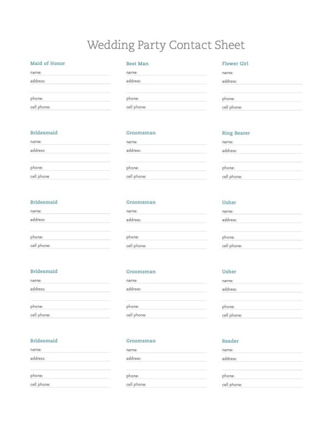 wedding party contact sheet Wedding Contact Sheet, Wedding Contact List, Wedding Themes Lavender, Green Flowers Bouquet, Wedding Processional Order, Processional Order, Fairy Tale Wedding Ideas, Free Wedding Planner Printables, Extra Wedding