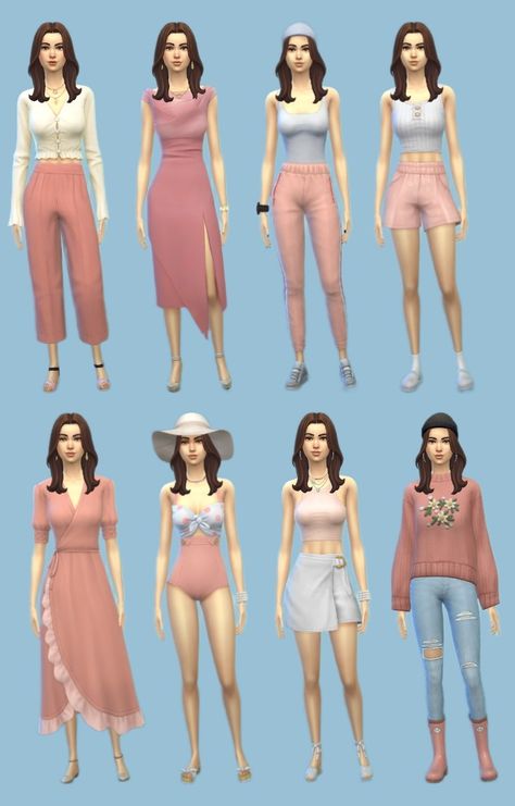 Sims 4 pink outfit inspirations. My ID is Yuna_licht. #ts4 #sims4 #sims4outfits #ts4outfits #lookbook Cute Sims 4 Characters No Cc, The Sims 4 Outfit Ideas No Cc Aesthetic, Sims 4 Without Cc, Sims Characters Ideas No Cc, Sims 4 Look Book No Cc, Sims 4 Character Ideas Base Game, Cute Sims 4 Outfits No Cc, The Sims 4 Characters Ideas, Sims 4 Teen Clothes Cc