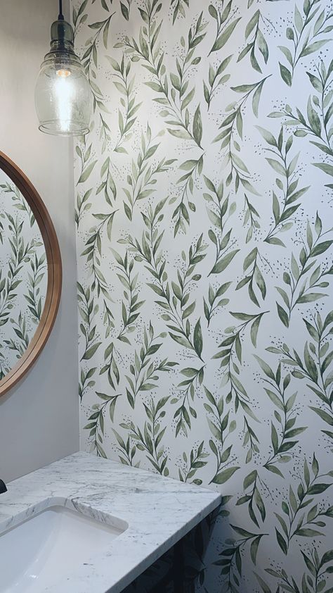 Fixture - Pottery Barn Sink - Custom Mirror - Hearth and Hand (Target) Olive Branch Wallpaper Bathroom, Olive Branch Wallpaper, Magnolia Home Wallpaper, Barn Sink, Botanic Wallpaper, Target Mirror, Wallpaper Toilet, Target Mirrors, Branch Wallpaper