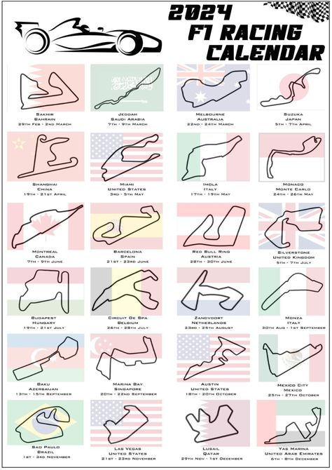 Formula 1 Racing Schedule A simple easy to follow racing schedule for the 2024 season. A4 and A3 coloured card options are printed on matt coated card  A4 black and white plain paper is on standard 80gsm copier paper.  Please ensure you select the correct item from the drop down menu A3 will be sent folded in order to keep the postage cost low so there maybe a slight crease down the centre High quality inks F1 2024 Calendar, Black And White Plain, F1 Calendar, F1 2024, Race Calendar, Escuderias F1, Schedule Calendar, Formula 1 Racing, F1 Wallpaper Hd