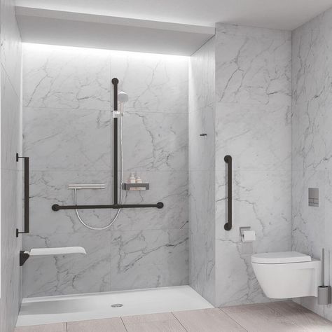 Special Needs Bathroom Ideas, Disable Bathroom Design, Stylish Accessible Bathroom, Accessible Wet Room, Modern Disabled Bathroom, Disabled House Design, Disabled House Plan, Assisted Living Bathroom Ideas, Bathroom Wheelchair Accessible