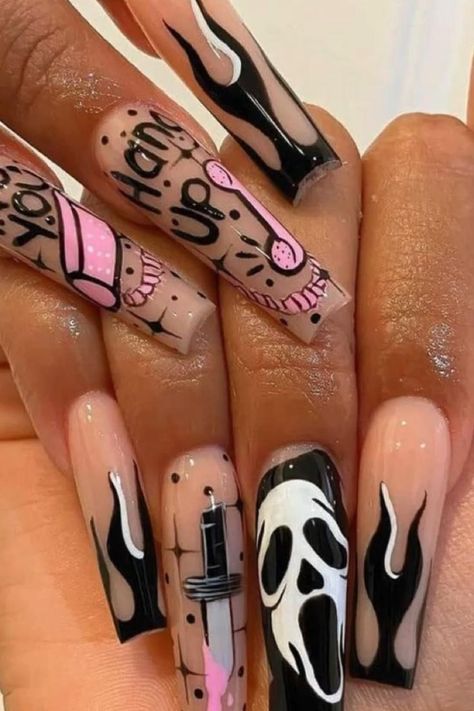 #GlamPinkNails #HalloweenNailArt #SpookyStyles #SweetNailDesigns #PinkNails #NailInspiration #HalloweenManicure #ChicHalloween Nails Nightmare Before Christmas, Before Christmas Nails, Halloween Nail Art Easy, Nightmare Before Christmas Nails, Press On Nails Long, Halloween Nails Easy, Halloween Press On Nails, Minimalist Nail Art, Pink Nail Art