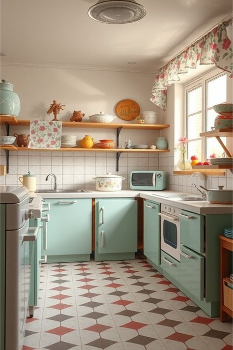 kitschy kitchen inspo Sherwin Williams Rushing River, Retro Kitchen Backsplash, Retro Kitchen Ideas Vintage, Matching Wallpaper And Curtains, Colorful Appliances, Retro Kitchen Ideas, Retro Decorating, Modern Coastal Bathroom, Bright Room Colors