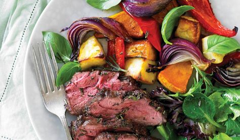 Lamb and balsamic vege Lamb Rump Steak Recipes, Rump Steak Recipes, Balsamic Roasted Vegetables, Oscar Looks, Lamb Rump, Rosemary Lamb, Haloumi Recipes, Lamb Salad, How To Cook Lamb