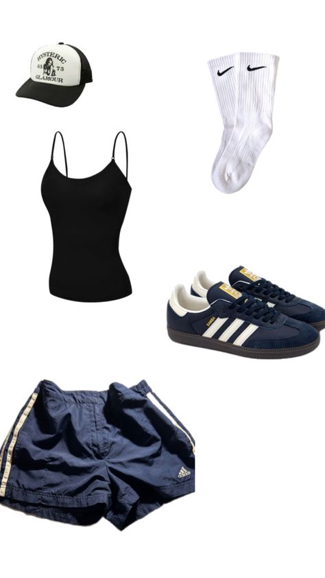 Dark Blue Shorts Outfit, Airport Outfit Shorts, Shorts Outfit School, Blue Sambas, Blue Shorts Outfit, Boujee Outfits, Cute Gym Outfits, Shorts Fit, Outfit Inspo Casual