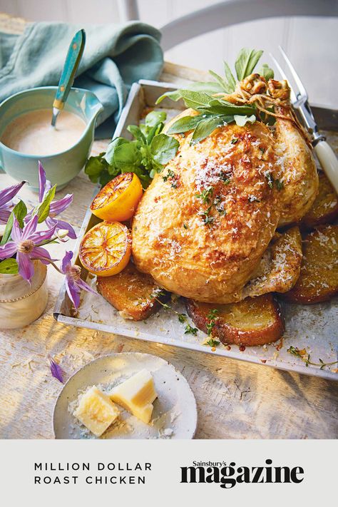 At first glance, this might look like any other roast chicken… but there’s a hidden bonus of sourdough bread slices underneath, which absorb the roasting juices and a smoky crème fraîche sauce. Dig in! Get the Sainbury's Magazine recipe now. British Roast Dinner, Creme Fraiche Sauce, Meaty Meals, Roast Chicken Dinner, Roast Chicken Recipe, Mexican Soup Chicken, Gourmet Chicken, Weekend Cooking, Roast Chicken Recipes