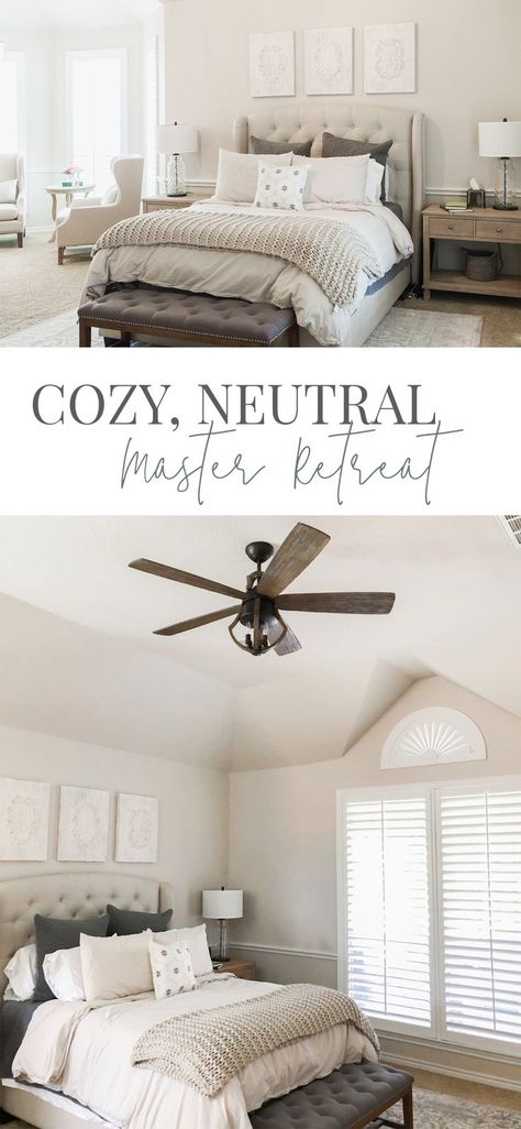 Cozy Neutral Master Retreat - Farmhouse Living - Master Bedroom Design - Gray and Cream Bedroom - Pottery Barn Nightstands - Rustic Fan - Art Over Bed - Cream Tufted Bed - Gray Tufted Bench - Parachute Bedding Farmhouse Tufted Bed, Farmhouse Bedroom With Tufted Headboard, Farmhouse Bedroom Tufted Bed, Bedding For Cream Headboard, Layered Bedding Ideas Farmhouse, Bedroom Cream Headboard, Bed With Only Headboard, Bedding With Cream Headboard, Taupe Master Bed