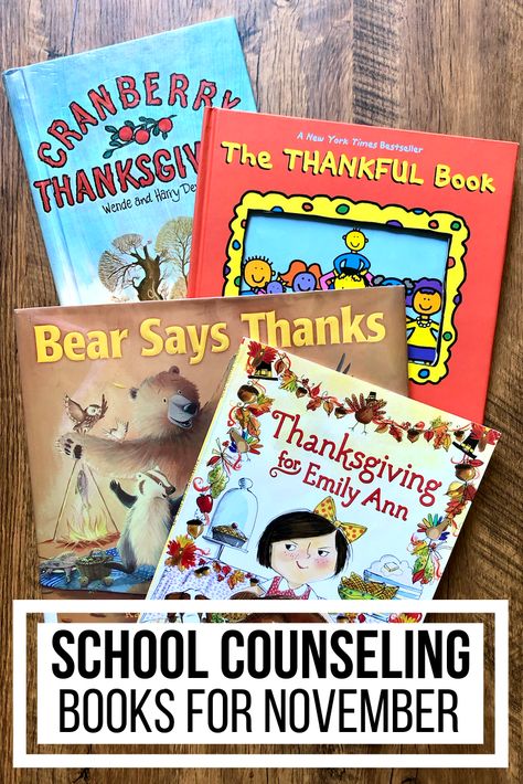 Use books in your school counseling lessons this November to celebrate Thanksgiving and Veteran’s Day with your students, as well as to encourage gratitude and thankfulness. These books will add seasonal fun to your counseling lessons while promoting conversation about important social-emotional themes. #CounselorChelsey #SchoolCounseling #Thanksgivingforkids #Bibliotherapy School Counseling Ideas, School Counseling Books, Character Education Lessons, Gratitude Book, School Counseling Activities, November Books, Friendship Skills, Emotional Books, Thanksgiving Books