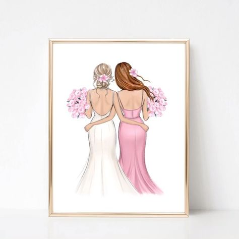 LALANA ARTS on Instagram: “New customizable art print of bride and bridesmaid 💕👰🏼‍♀️ You can choose the skin tone, hair color, dress style, flowers color, and add the…” Bridesmaid Gift Card, Bridesmaid Dress Pink, Custom Wedding Illustration, Baby Bow Hats, Blonde Redhead, Wedding Drawing, Wedding Dress Style, Bridesmaid Favors, Flowers Color