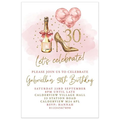 Personalised Birthday Party Invitations, Blush Pink Gold Champagne Heels 18th 21st 30th 40th 50th 60th Invites any age | PACK OF 10 WITH ENVELOPES : Amazon.co.uk: Handmade Products Champagne Heels, Gold Champagne, Personalized Party, Lets Celebrate, Champagne Gold, 30th Birthday, 40th Birthday, Handmade Products, Personalized Birthday