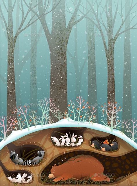 Cute Animals Wallpaper, Underground Illustration, Forest Animals Illustration, Christmas Illustration Design, Animals Sleeping, Wild Animals Vector, Illustration For Kids, Art For Children, Forest Drawing