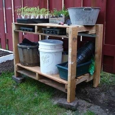 DIY Pallet Potting Bench Garden Workbench, Potting Bench Ideas, Pallet Potting Bench, Craft Shack, Diy Bank, Craft Table Diy, Garden Boxes Diy, Basement Studio, Potting Tables