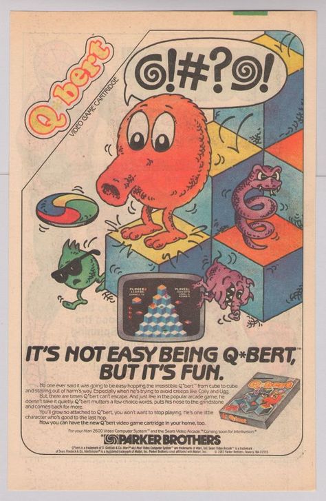 Q-BERT video game '80s PRINT AD Parker Brothers vintage advertisement Qbert 1983   #ArcadeGames #Qbert #1980s Rubicks Cubes, Sal Buscema, Wonder Man, Nostalgic Memories, Feeling Nostalgic, Vintage Video Games, Bowling Alley, Conan The Barbarian, Classic Video Games