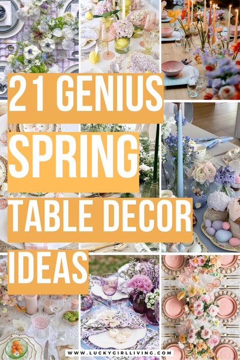 Spring is finally here and there’s no better way to celebrate the end of winter than a fresh tablescape. We love using flowers and candles to bring the joy of spring indoors, but these DIY spring table decor ideas are easily shaped to easily adapt to your individual style! Spring Brunch Table Setting Ideas, Spring Table Scape Ideas, Spring Party Decor Ideas, Spring Party Table Decor, Spring Table Settings Tablescapes, Spring Luncheon Ideas Ladies Lunch Table Decorations, Spring Table Arrangements, Spring Centerpiece Ideas Diy, Simple Spring Table Centerpieces