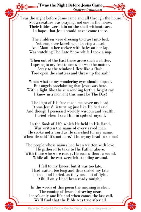 'Twas the Night Before Jesus Came | Free Printable Twas The Night Before Jesus Came Poem, Twas The Night Before Jesus Came, Twas The Night Before Christmas Christian Version, Twas The Night Before Christmas Poem Free Printable, Christian Version Of Twas The Night Before Christmas, Twas The Night Before Christmas Poem, Christmas Readings, Christmas Plays, Christmas Bows Diy