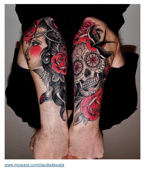 Sugar Skull Tattoo Velociraptor Tattoo, Tattoos Arm Mann, Tattooed Hands, Catrina Tattoo, Skull Sleeve Tattoos, Skull Sleeve, Sugar Skull Tattoos, Red Tattoos, Full Sleeve Tattoos