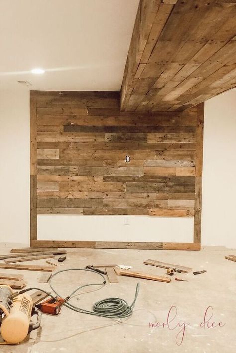 Pallet Tv Wall, Diy Shiplap Fireplace, Pallet Accent Wall, Installing Exterior Door, Tv Gallery Wall, Bedroom Makeover Diy, Faux Wood Wall, Pallet Tv, Closet Makeover Diy