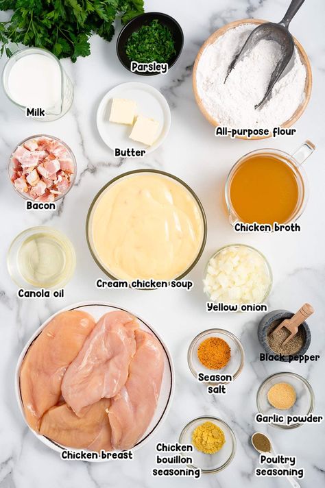 Smothered Chicken ingredients. Cream Of Chicken Smothered Chicken, Smothered Chicken With Cream Of Chicken, Cheese Smothered Chicken, Easy Smothered Chicken Recipes, Smothered Chicken With Spinach And Bacon, Smothered Chicken And Rice, Smothered Chicken Recipe, Smothered Chicken Recipes, Chicken Breast Cutlet