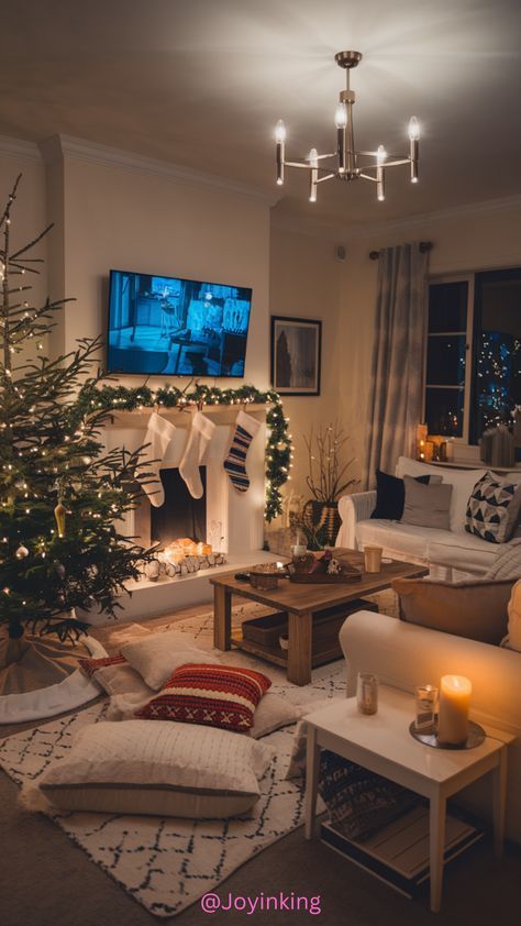 Christmas Living Room Couch, Apartment Decorating Christmas, Studio Apartment Christmas Decor, Holiday Apartment Decor, Christmas Apartment Aesthetic, Christmas Couch Decor, Cozy Living Room Christmas, Christmas Decoration Living Room, Christmas Home Aesthetic