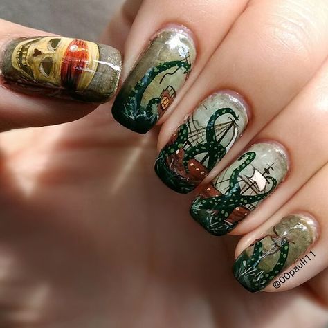 Paulina Mung on Instagram: “Pirates of the Caribbean nails ♥  I need the new movie now!  This is the kraken while is destroying a ship, obviously 😂  #freehand…” Pirate Nail Art Designs, Pirates Of The Caribbean Nail Art, Pirate Themed Nails, Pirate Nails Ideas, Kraken Nails, Pirates Of The Caribbean Nails, Pirate Nails Design, Cruise Nails Caribbean, Pirate Nail Art